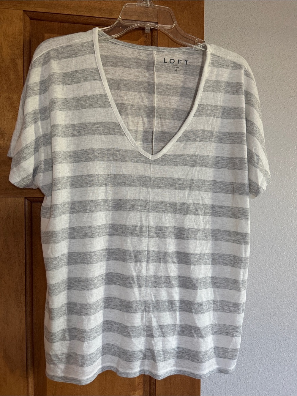 LOFT Gray and White Striped V-Neck Short Sleeve Tee Size M